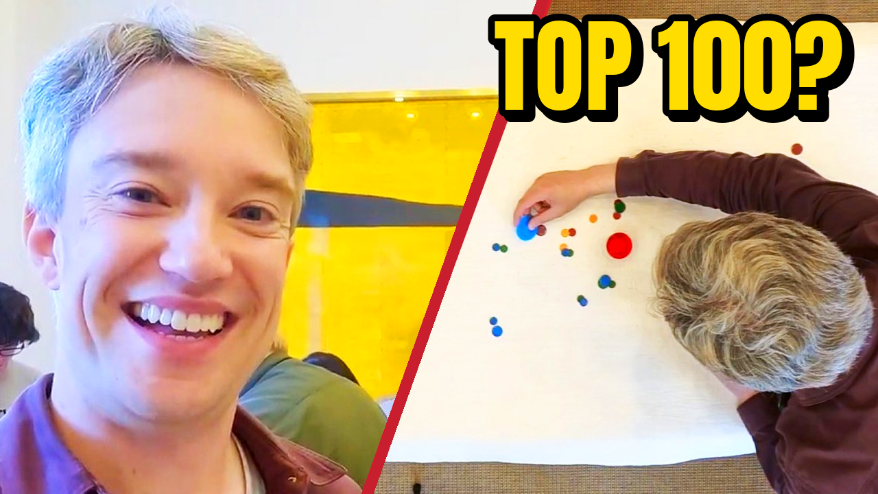 Tom Scott tiddlywinks thumbnail, our edit: tighter crop, more saturation, TOP 100? text