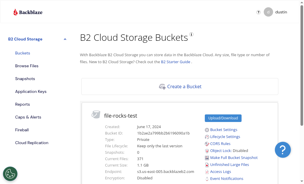 B2 bucket list in the Backblaze dashboard