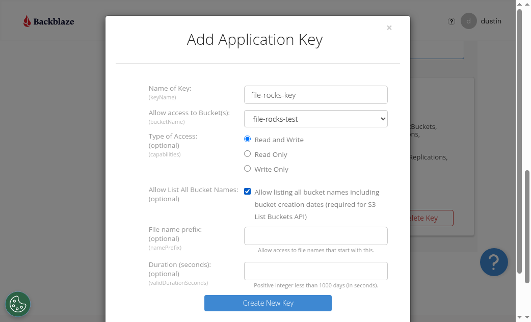 Add Application Key form in Backblaze