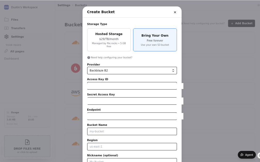file.rocks Add a Bucket form set to Backblaze B2
