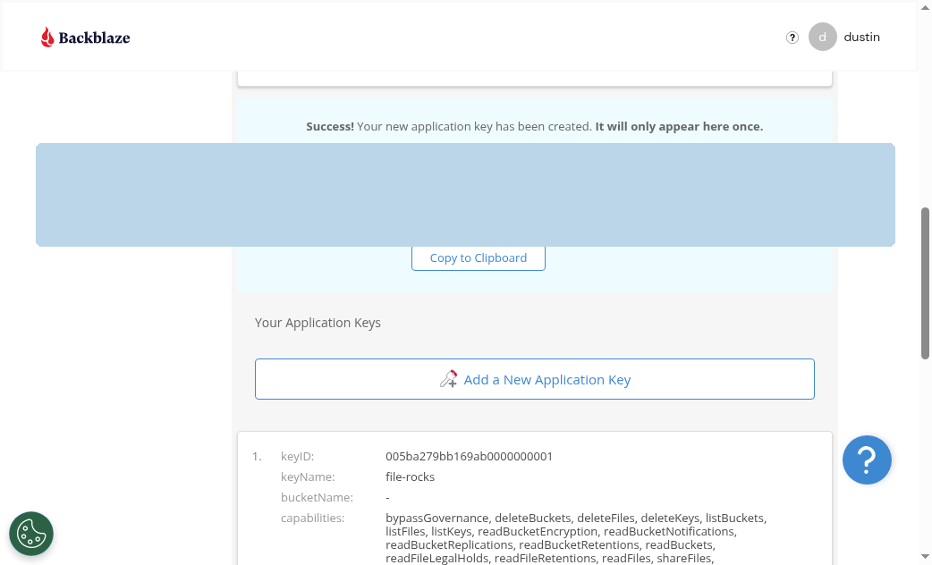 One-time Backblaze application key screen, credentials masked
