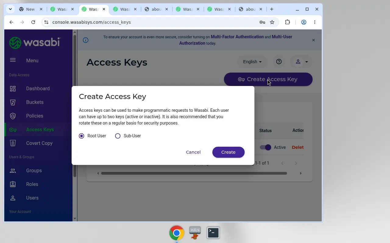 Create Access Key in the Wasabi console