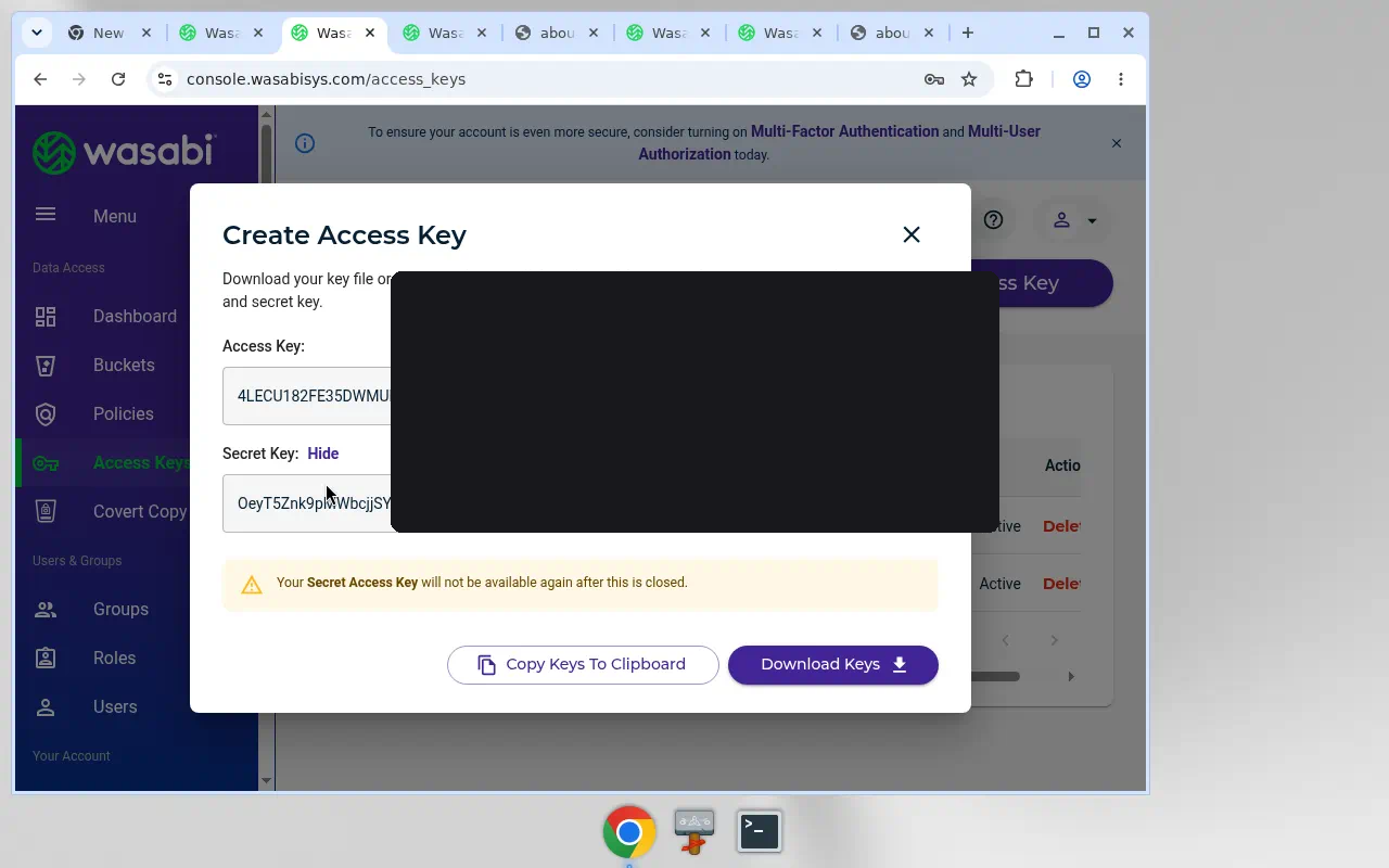 One-time Wasabi access key screen, credentials masked