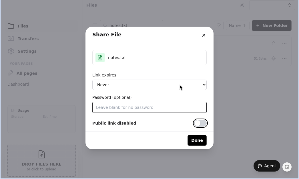 Share File dialog with the public link off