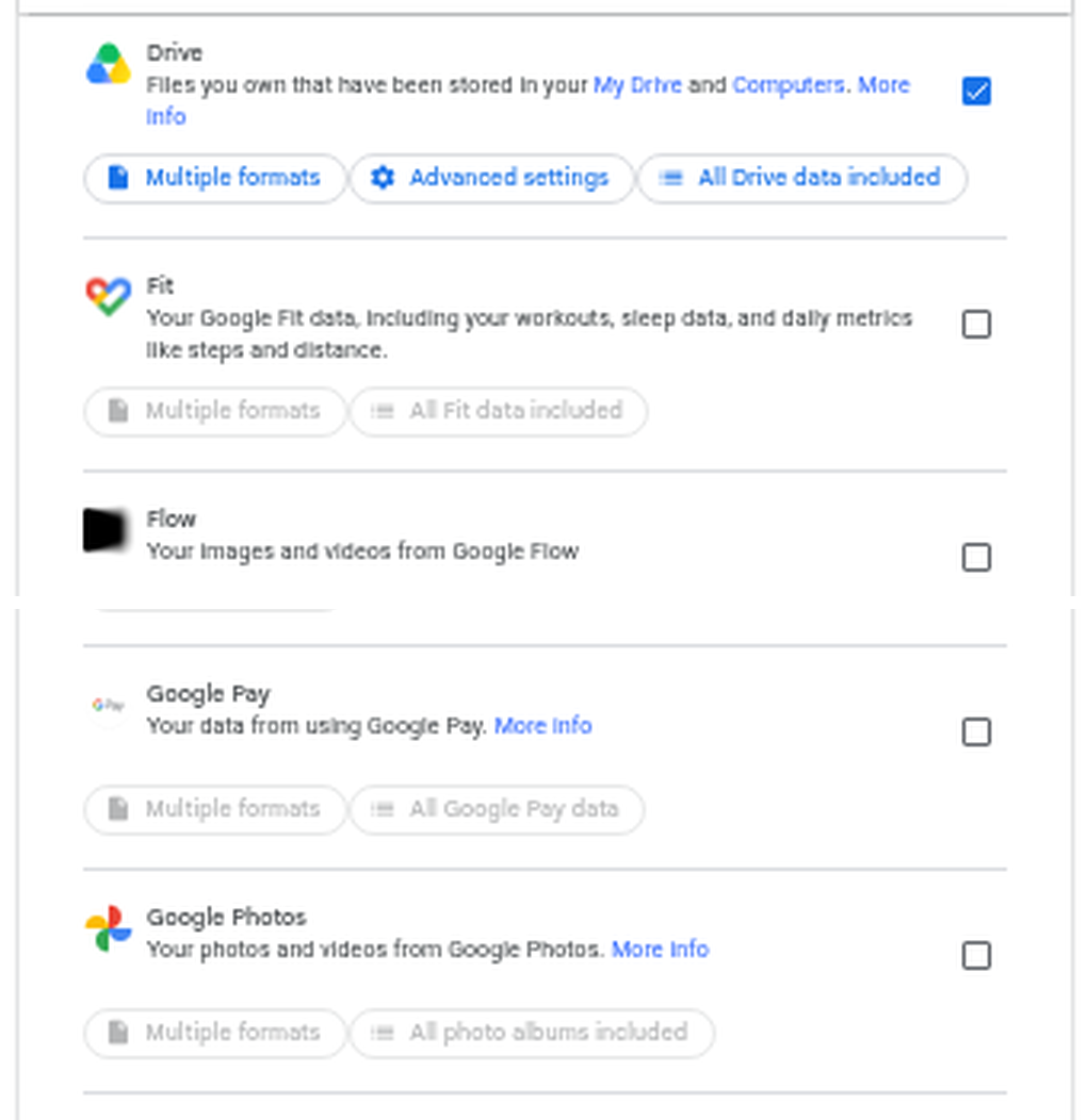 Google Takeout with Drive selected