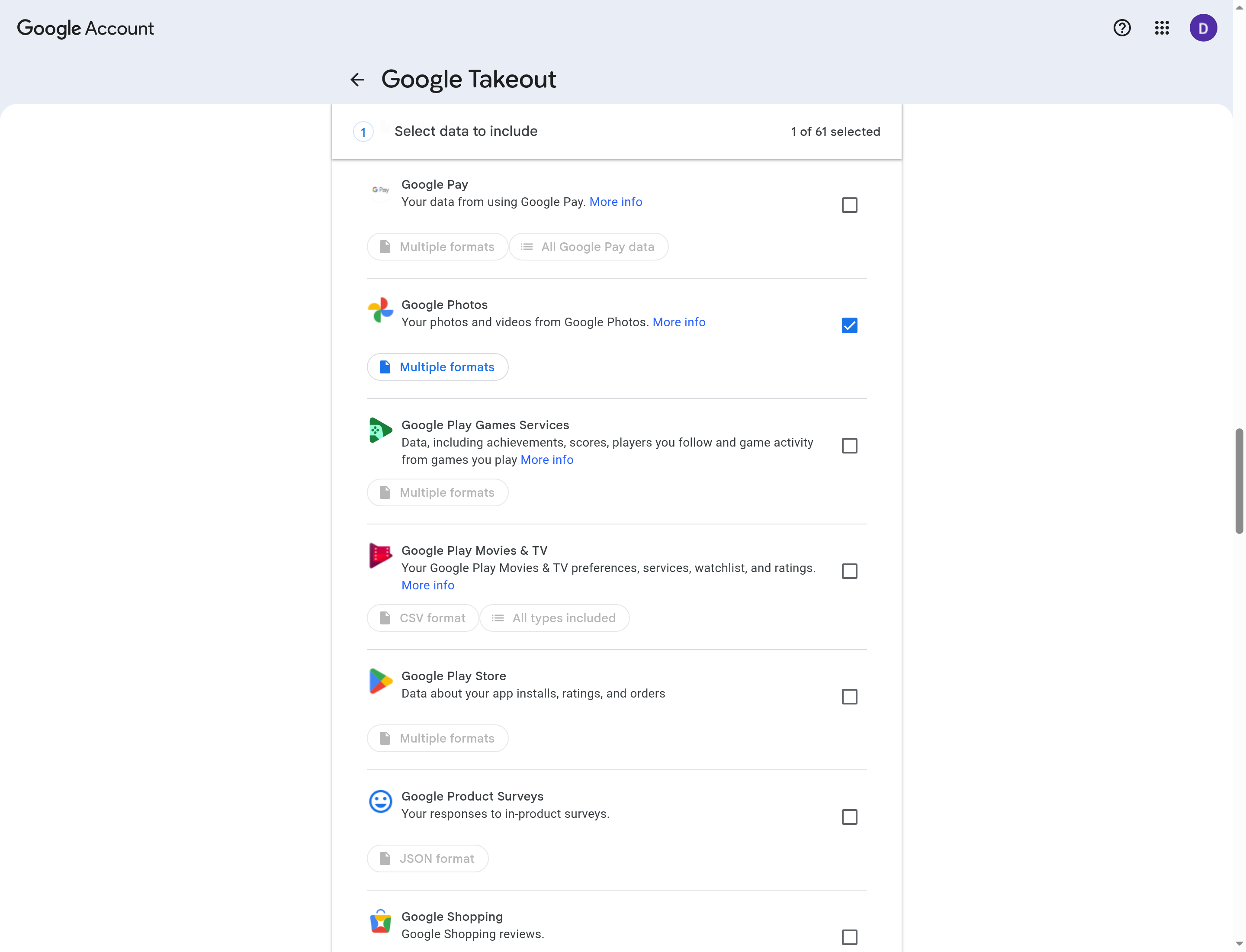Google Takeout with Google Photos selected