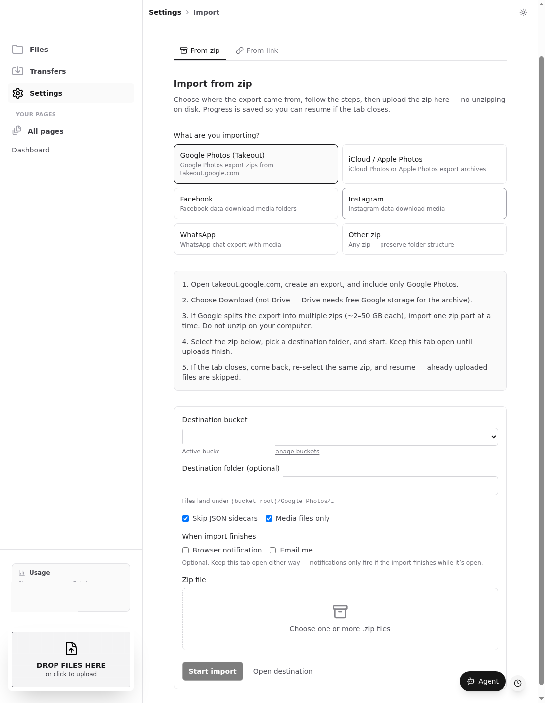 Import from zip with Google Photos Takeout selected
