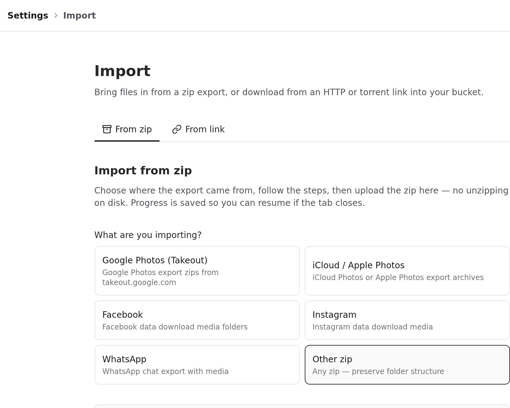 Import from zip with Other zip selected