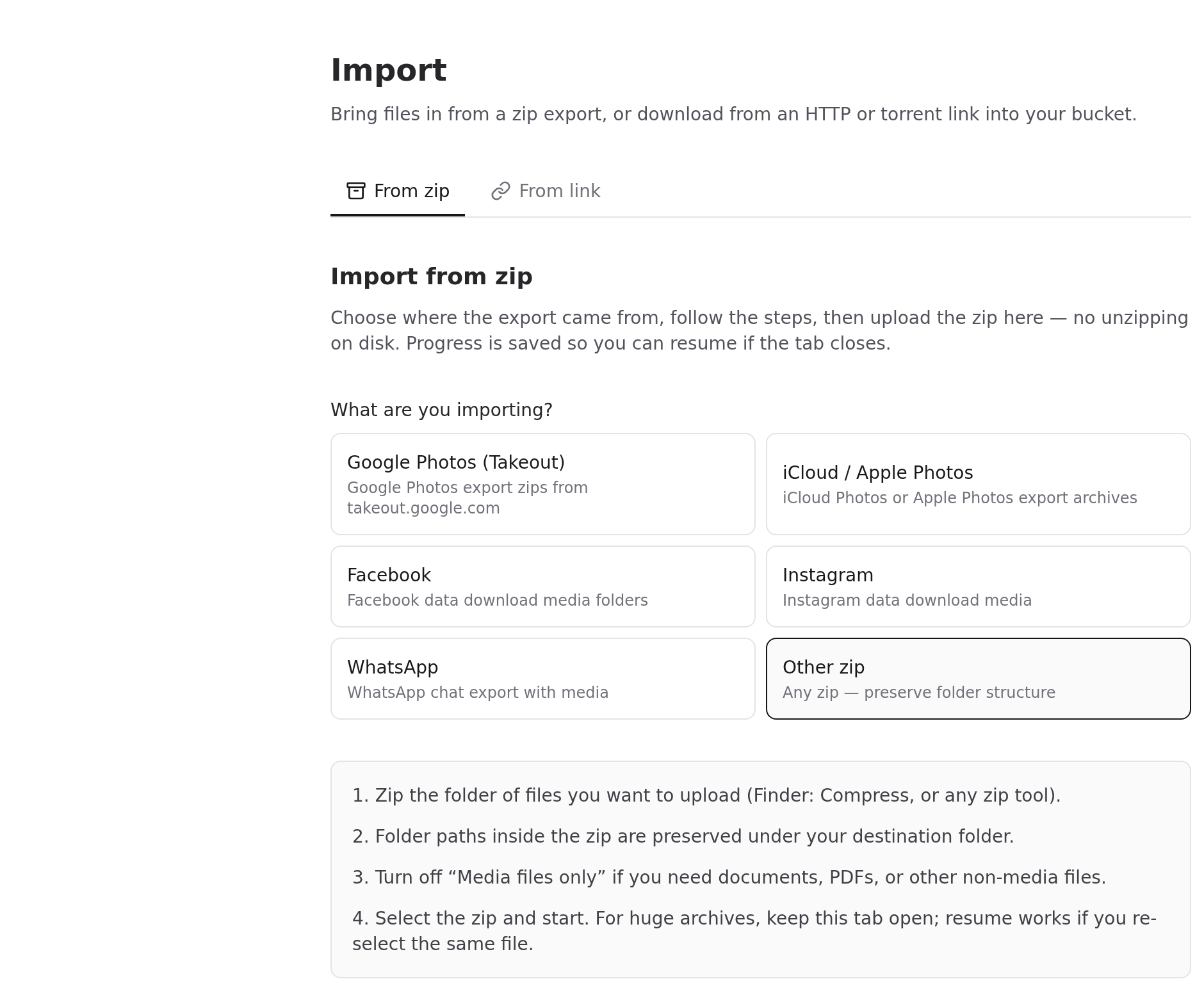 Import from zip with Other zip selected