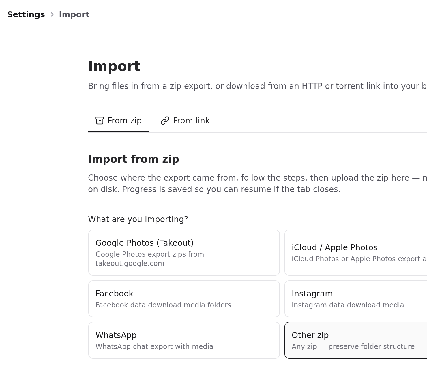 Import from zip with Other zip selected