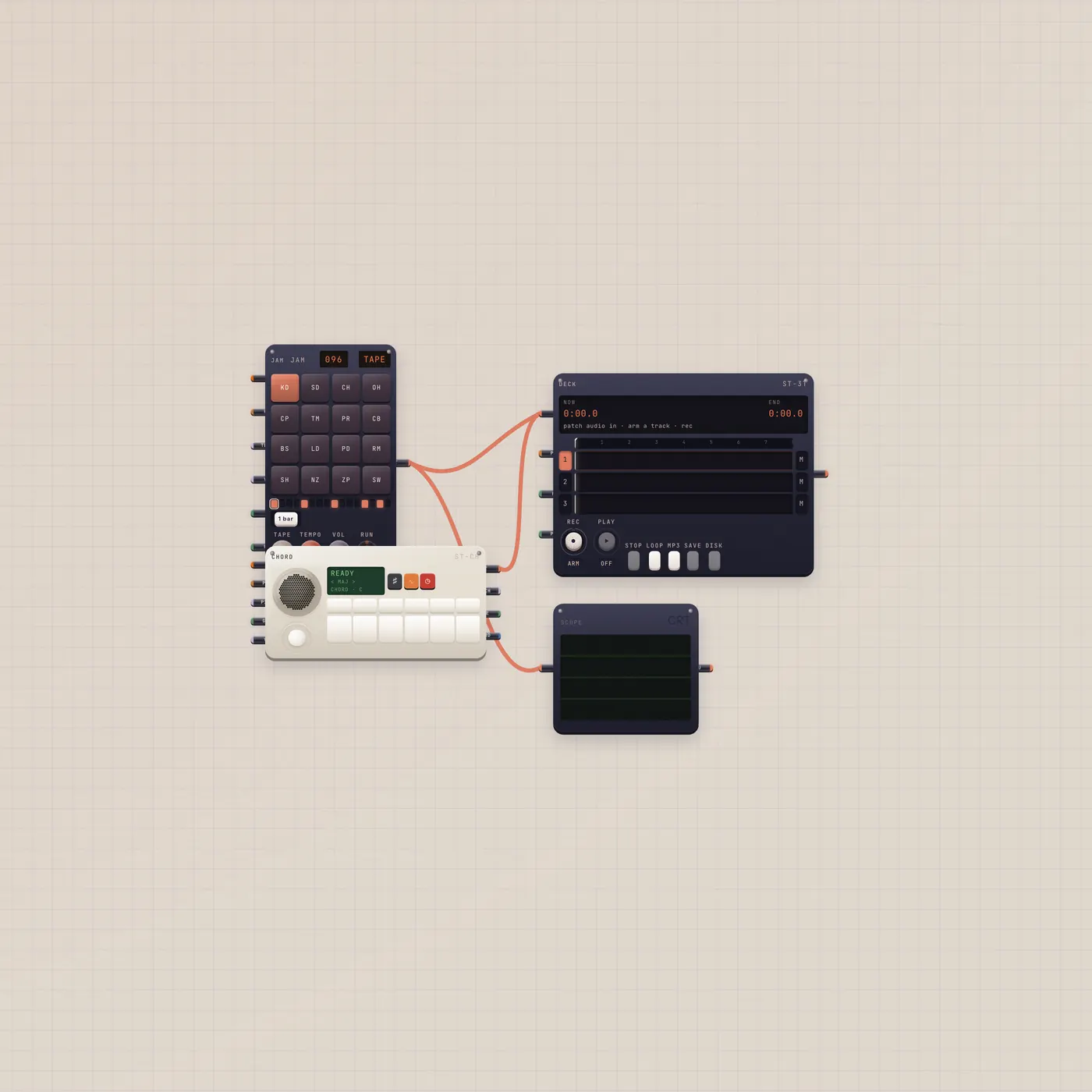 Use Case product shot: A loop, a chord, a four-track. Play.