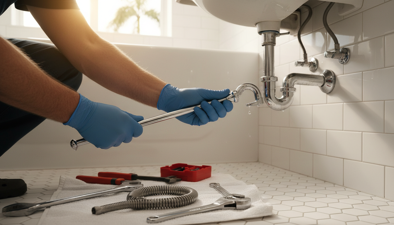 Plumber cleaning a drain in a Tampa bathroom