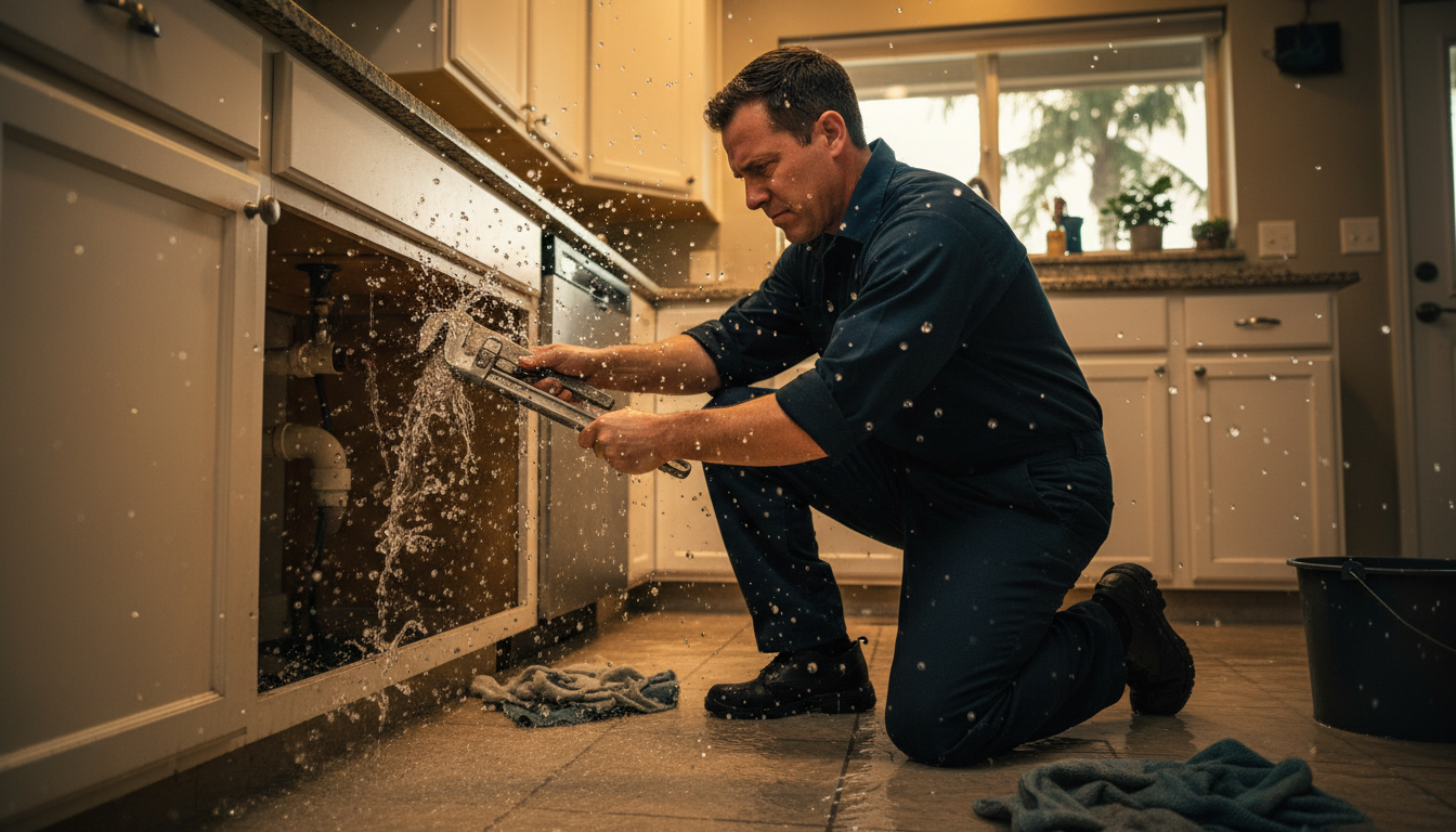 Emergency plumber repairing a burst pipe in a Tampa home