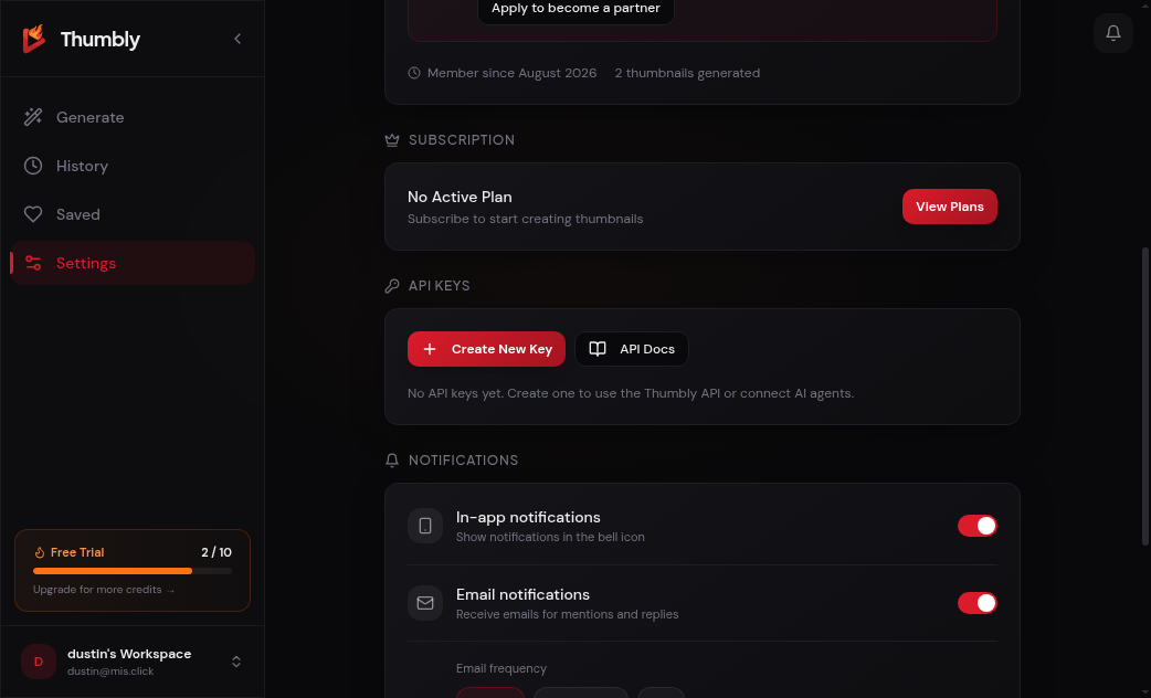 Settings page with the API Keys section in its empty state