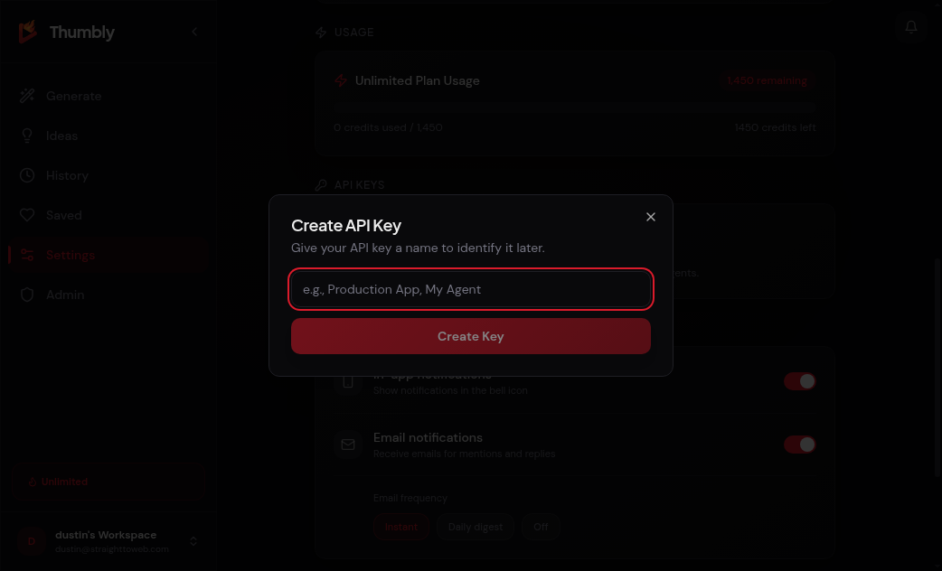 Create API Key dialog with a name field and Create Key button