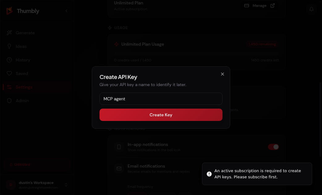Create API Key dialog with subscription required error toast