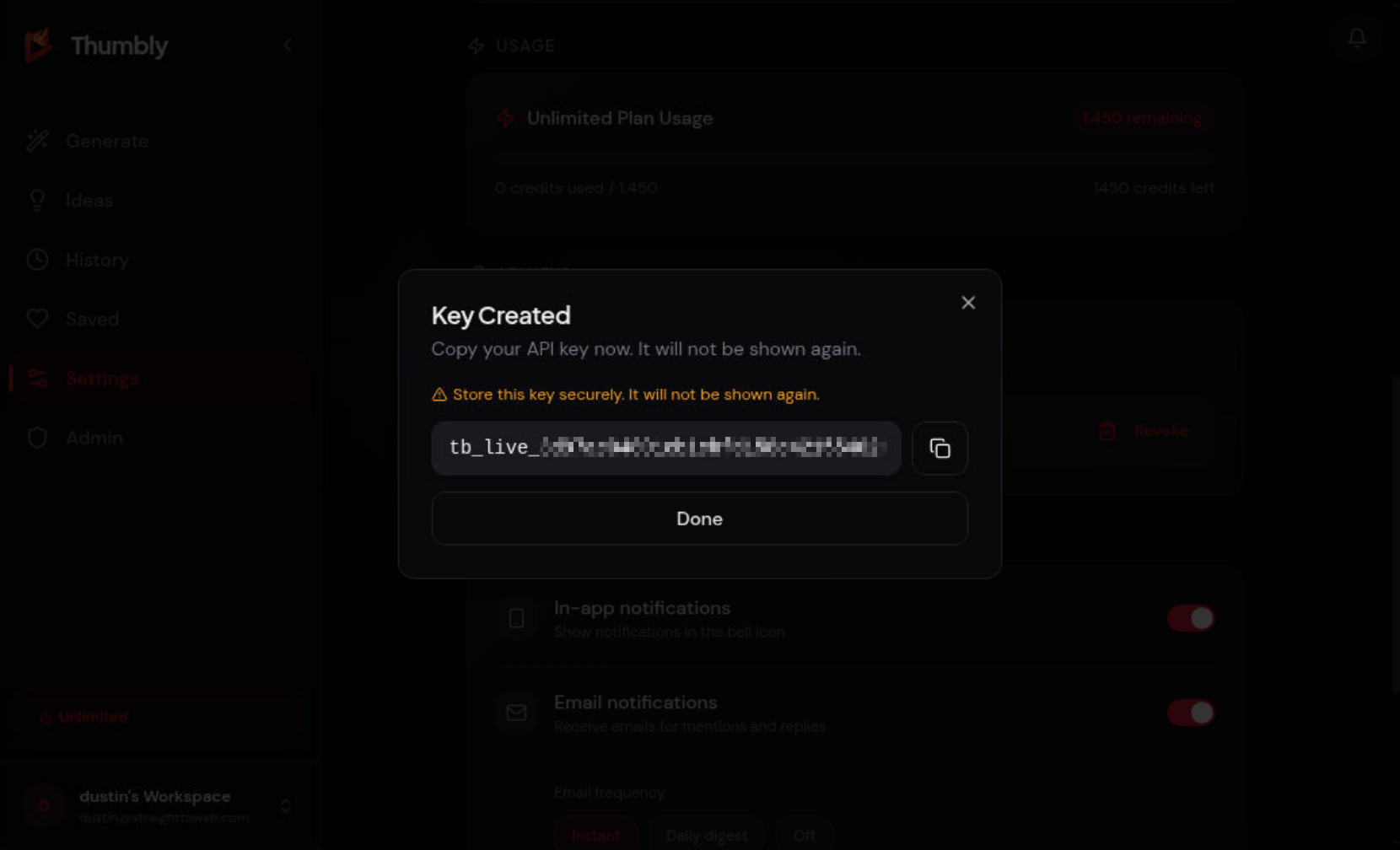 Key Created dialog with the API key masked