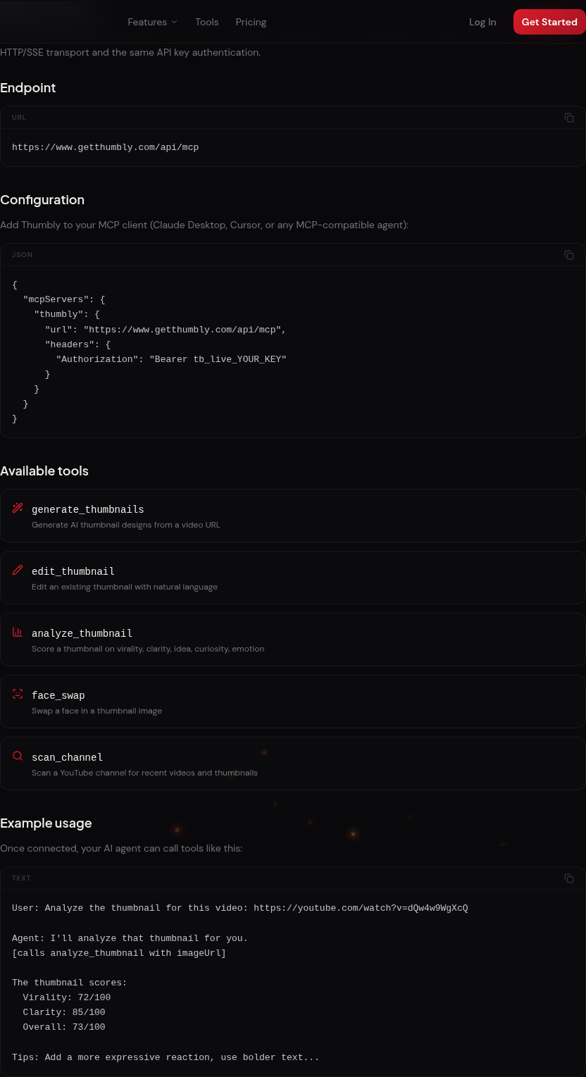 Thumbly developer docs MCP section with endpoint, config JSON, and available tools